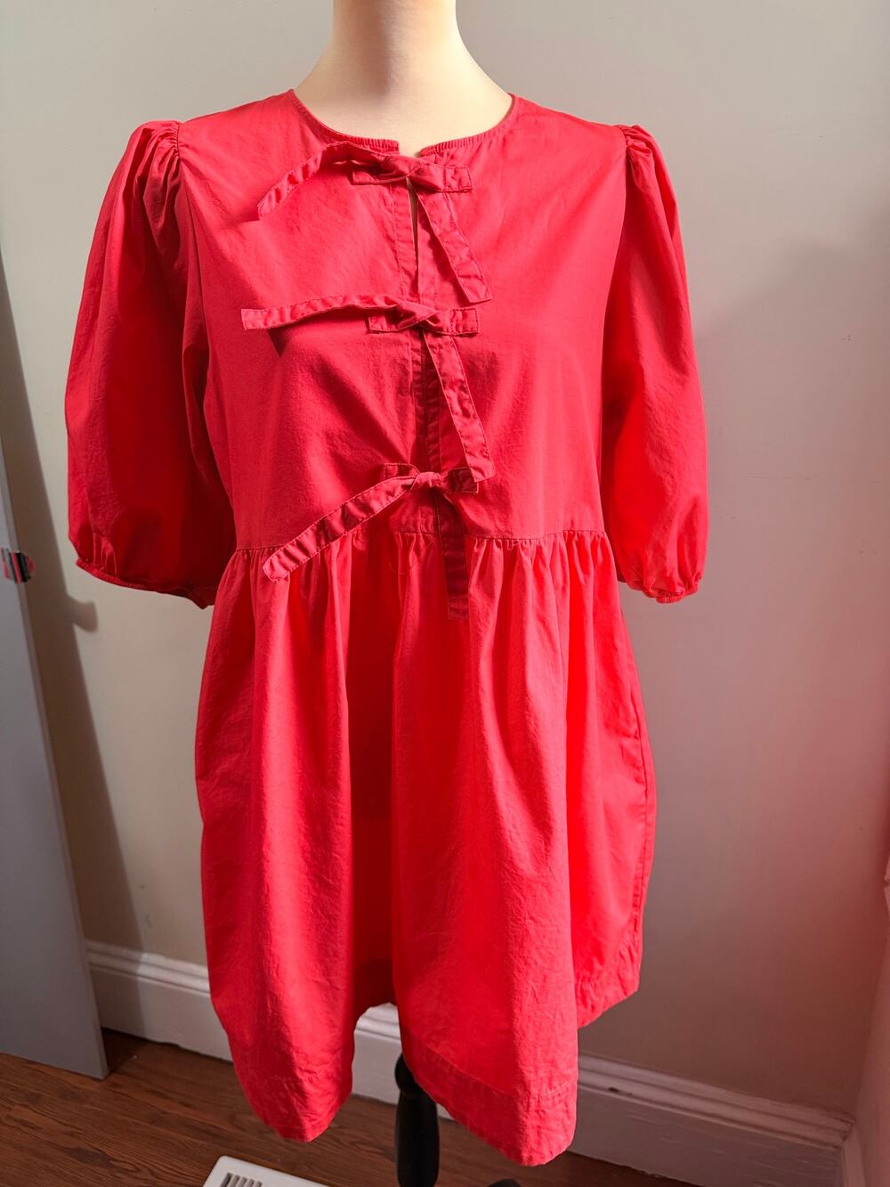 Bow Front Puff Sleeve Poplin Mini Dress